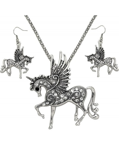 Silver Tone Rhodium Plated Large Pegasus Unicorn Horse Pendant Necklace and Dangle Earrings Set $15.38 Jewelry Sets