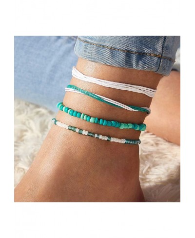 Boho Multi-Layered Beads Anklet Bracelet Handmade Rope Anklet Green Beads Elastic Ankle Chain Anklet Beach Turquoise Layered ...