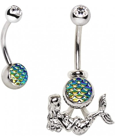 CZ Crystal and Fish Scale Cabochon Mermaid Belly Button Navel Ring $11.92 Piercing Jewelry