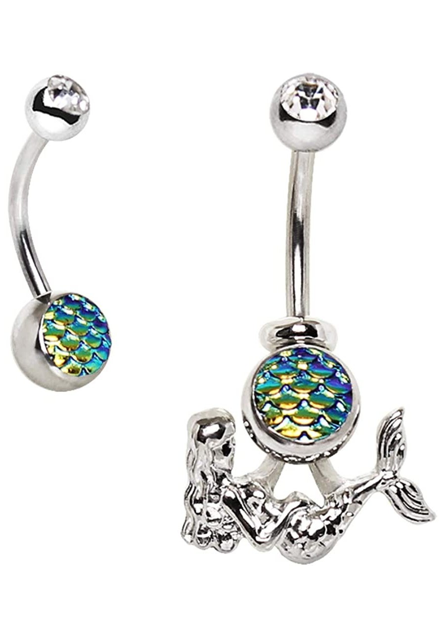 CZ Crystal and Fish Scale Cabochon Mermaid Belly Button Navel Ring $11.92 Piercing Jewelry