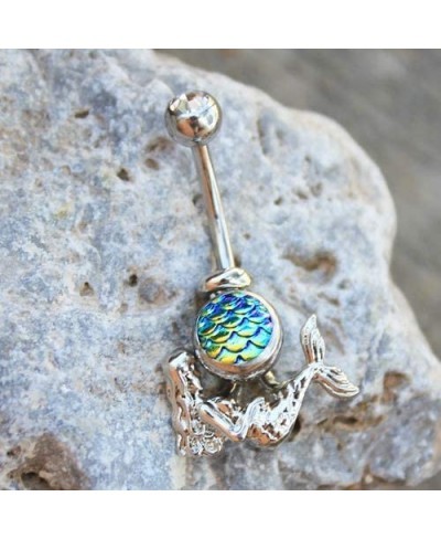 CZ Crystal and Fish Scale Cabochon Mermaid Belly Button Navel Ring $11.92 Piercing Jewelry