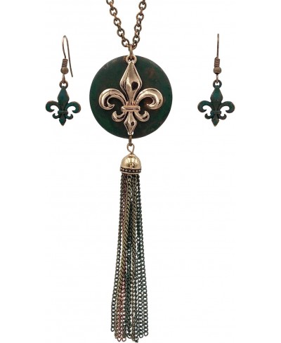 Long Tassel Fleur De Lis Simple Chain Necklace & Dangle Earring Set (Patina Green & Copper Tone) $15.83 Jewelry Sets