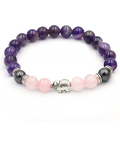 Amethyst Natural Gemstone Elephant Lucky Charm Elastic Bracelet 8mm Rose Quartz Healing Crystal Bracelet Gifts for Women Girl...