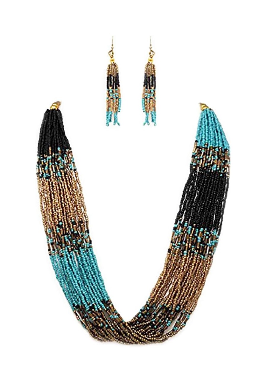 Women's Stunning Multi-Strand Cascading Seed Bead Statement Bohemian Necklace Fringe Earrings Set 24"-27" with 3" Extender $2...