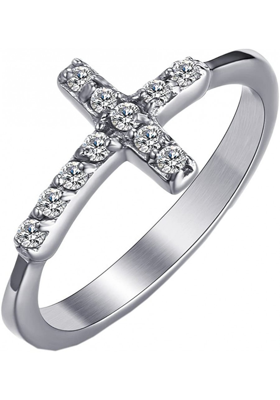 Women's Stainless Steel Cubic Zirconia Sideways Cross Ring Wedding Band Silver Tone $9.03 Bands