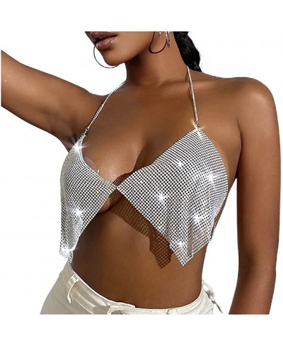 Sexy Crystal Bra Top Silver Blackless Rhinestone Bikini Halter Chest Chain Party Rave Festival Nightclub Body Accessories Jew...