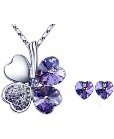 Lucky Sweethearts Gold Plated Crystal Heart Shaped Four Leaf Clover Pendant Necklace and Earrings Jewelry Set (Purple) $17.86...