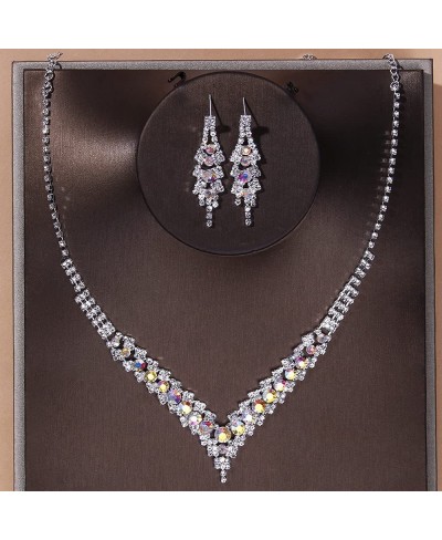 Bride Wedding Crystal Necklace Earrings Set Bridal Pendant Necklaces Jewelry for Women and Girls (Multicolored Crystal) $9.58...