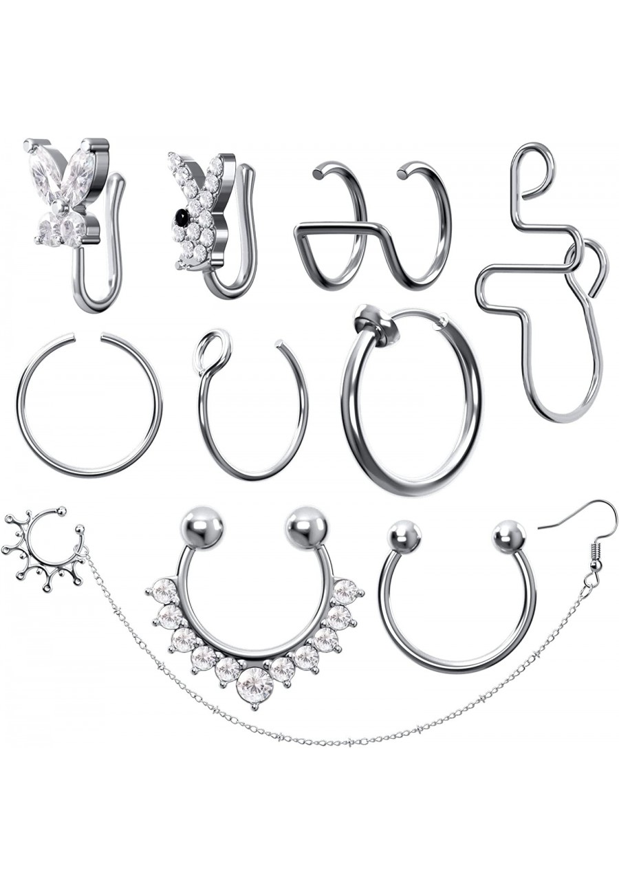 10Pcs Fake Nose Ring Hoop Silver Diamond Hypoallergenic Fake Septum Rings Indian Septum Nose Chain Dangle Piercing Jewelry fo...