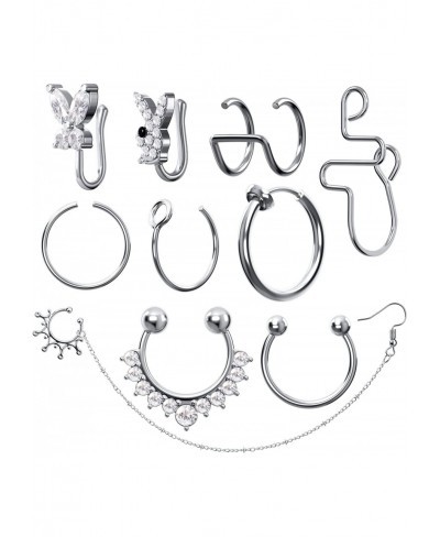 10Pcs Fake Nose Ring Hoop Silver Diamond Hypoallergenic Fake Septum Rings Indian Septum Nose Chain Dangle Piercing Jewelry fo...