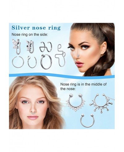 10Pcs Fake Nose Ring Hoop Silver Diamond Hypoallergenic Fake Septum Rings Indian Septum Nose Chain Dangle Piercing Jewelry fo...