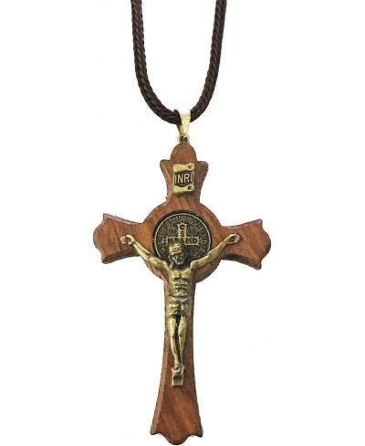 I Catholic Religious Wear I Handmade Saint Benedict Jatoba Wood Antique Gold Tone Crucifix Cross Corded Necklace I Crucifix C...