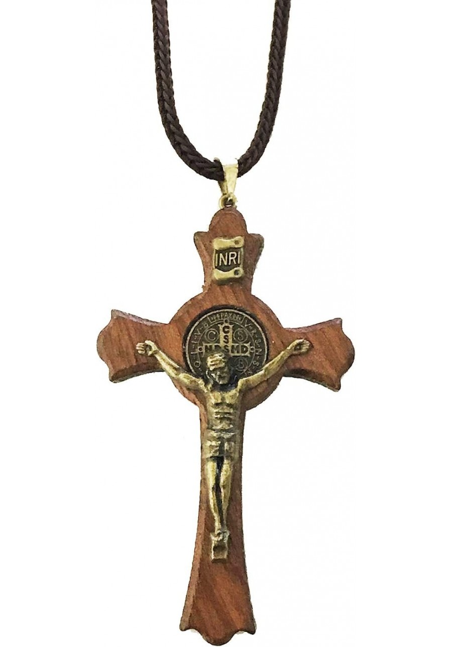 I Catholic Religious Wear I Handmade Saint Benedict Jatoba Wood Antique Gold Tone Crucifix Cross Corded Necklace I Crucifix C...