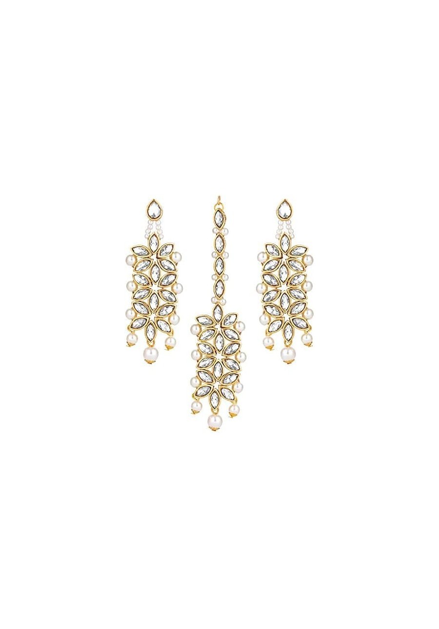 Pearl Crystal Floral Earring Maang Tikka Set for Women Indian Traditional Bollywood Jewelry Set $14.41 Jewelry Sets