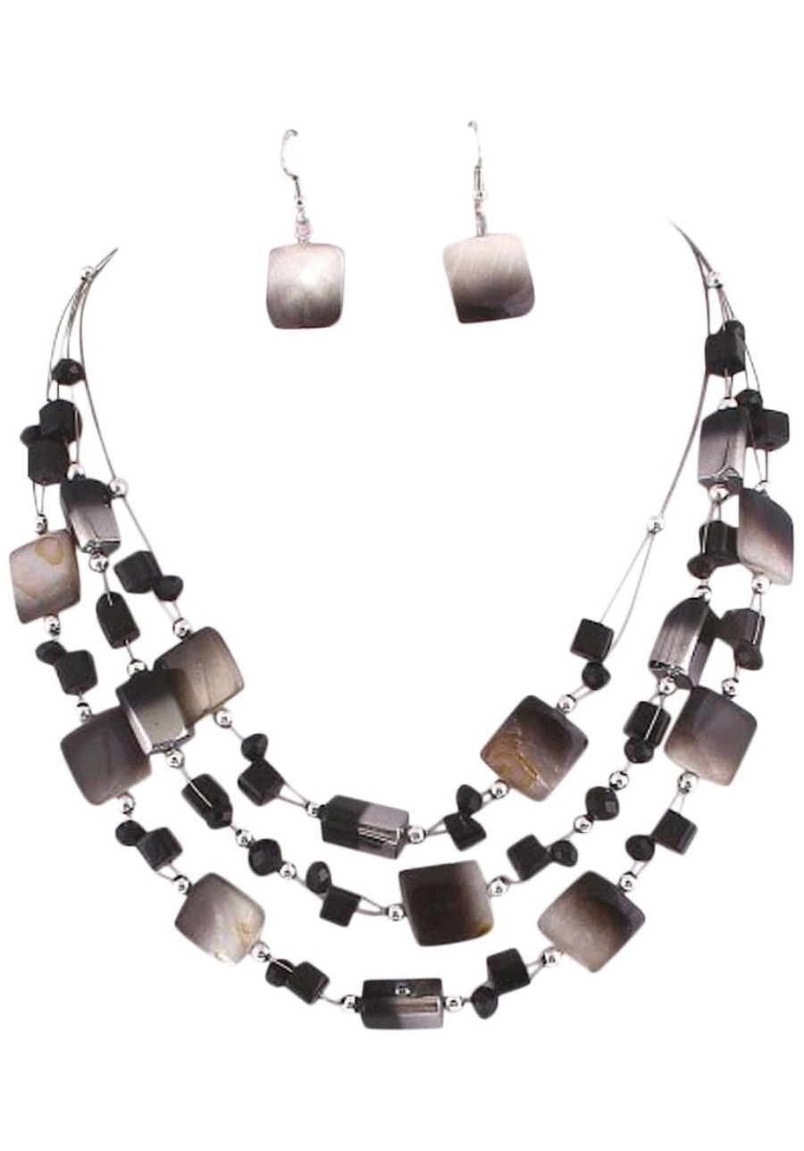 Layered Black Square Imitation Shell Silvertone Beads Necklace and Earrings 17+2" Ext. $17.62 Jewelry Sets