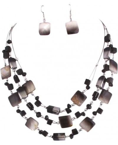 Layered Black Square Imitation Shell Silvertone Beads Necklace and Earrings 17+2" Ext. $17.62 Jewelry Sets