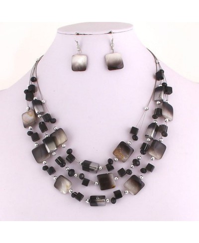 Layered Black Square Imitation Shell Silvertone Beads Necklace and Earrings 17+2" Ext. $17.62 Jewelry Sets