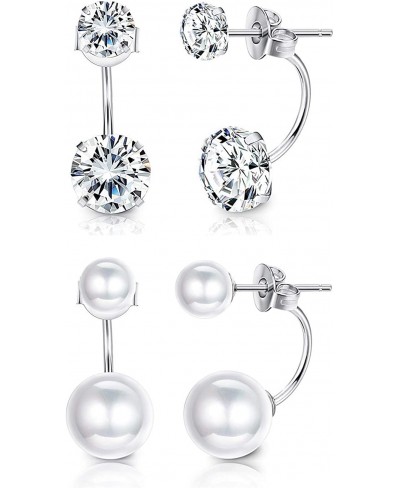 2 Pairs Sterling Silver Double Ball Ear Jacket Earrings Set Cubic Zirconia Round Pearl Jewelry for Women (Silver) $22.61 Earr...