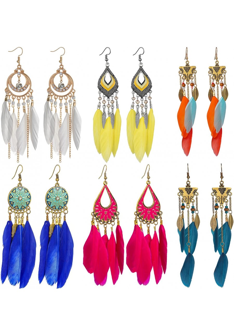 6 Pairs Women Feather Earrings Bohemian Fringe Tassel Long Drop Dangle Earrings Set with Dream Catcher Design for Women Girls...