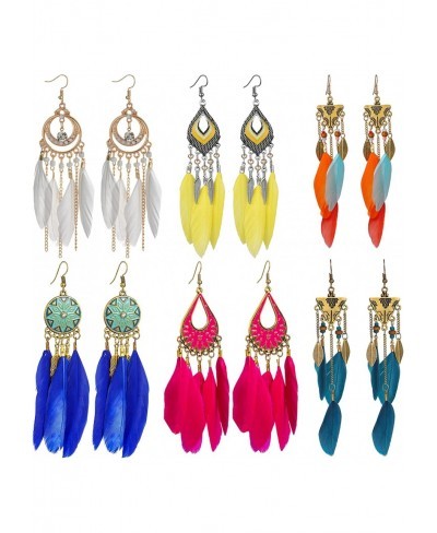 6 Pairs Women Feather Earrings Bohemian Fringe Tassel Long Drop Dangle Earrings Set with Dream Catcher Design for Women Girls...