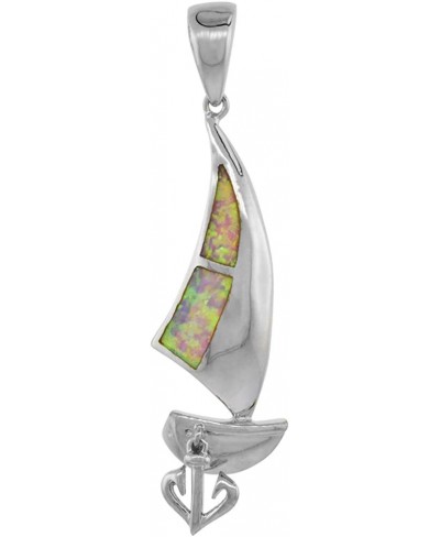 Sterling Silver Lab Opal Sail Boat Necklace for Women in Blue & Pink Movable Anchor 1 3/4 inch Rope Chain $28.29 Pendants & C...