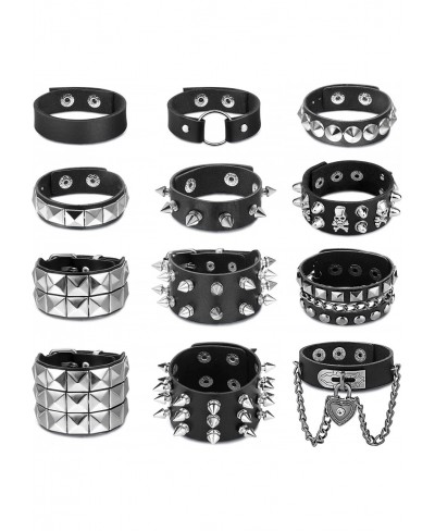 3-12Pieces Punk Studded Bracelet PU Leather Bracelet for Men Women Rivets Bracelet Cuff Bangle Bracelet Adjustable Black Goth...