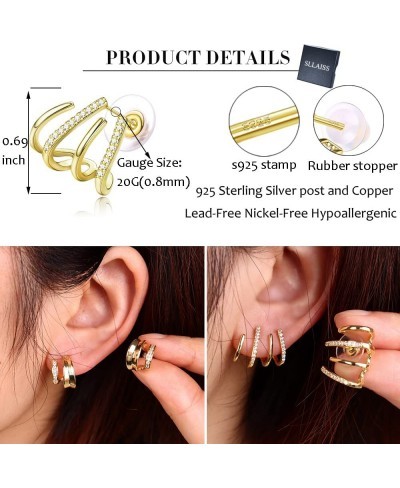 2 Pairs 925 Sterling Silver Post Ear Cuff Earrings For Women Minimalist Cubic Zirconia Half Hoop Earrings Set 14K Gold Plated...