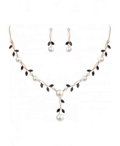 Bridal Jewelry for Bridesmaid CZ Black Crystal Simulated Pearl Floral Vine Filigree Necklace Earrings Set Rose Gold-Tone $39....
