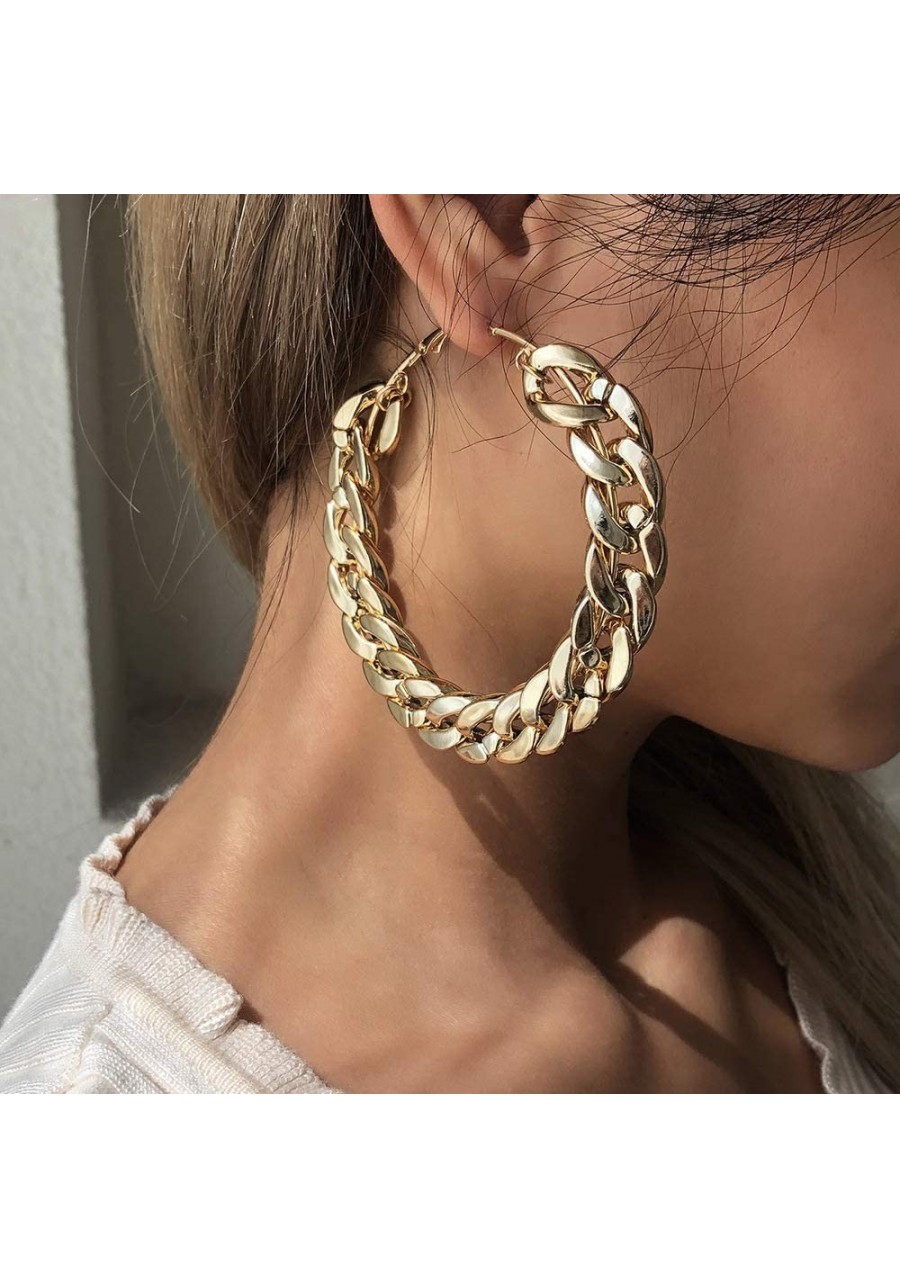 Chunky Hoop Earrings Gold Flat Cuban Link Chain Large Round Earrings Punk Lightweight Ear Jewelry Accessories for Women $6.64...