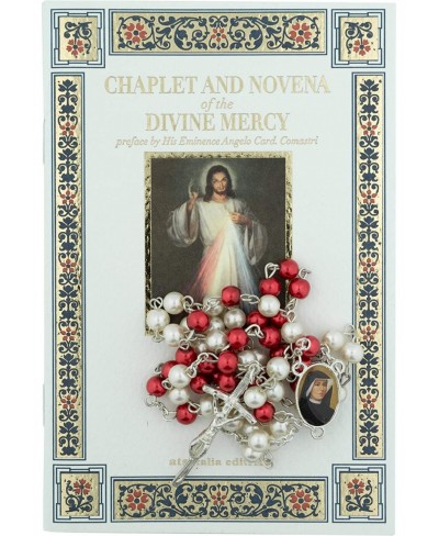 Chaplet and Novena of The Divine Mercy Includes Prayer Booklet and Rosary Red and White Beads and Silver-Tone Chain and Cruci...