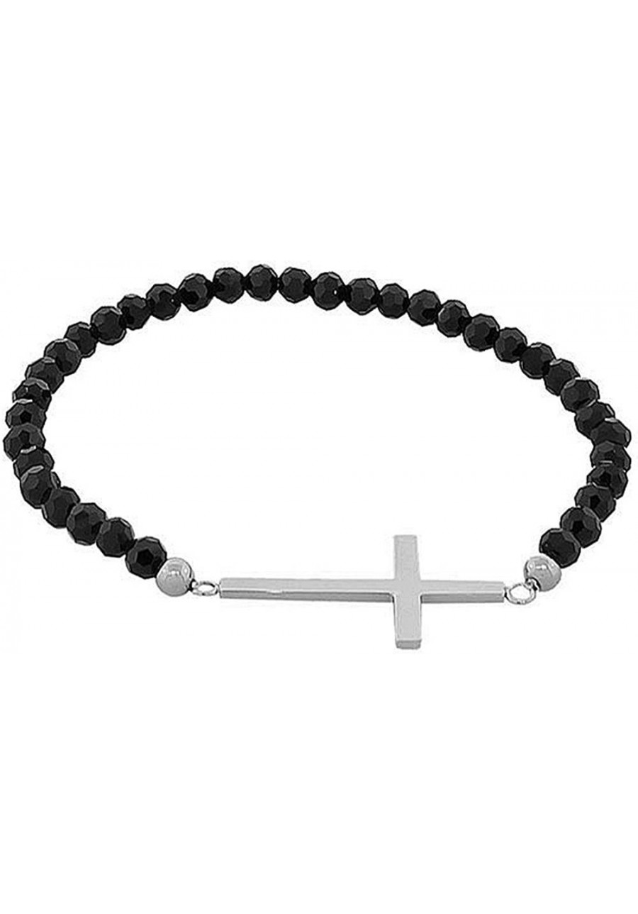 Stainless Steel Stretch Cord Black Simulated Onyx Religious Cross Silver-Tone Beaded Bracelet $14.79 Stretch