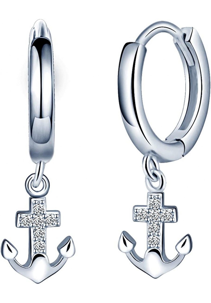 Women's Earrings 925 Sterling Silver Anchor Charm Hoops Earrings 14mm $15.97 Hoop