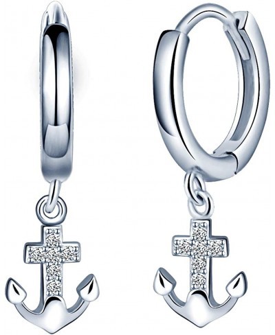 Women's Earrings 925 Sterling Silver Anchor Charm Hoops Earrings 14mm $15.97 Hoop