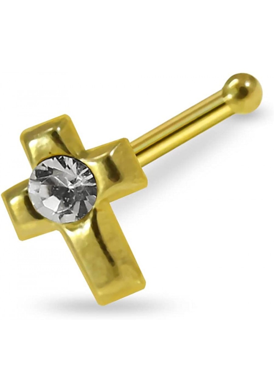 9 Karat Solid Yellow Gold Clear Crystal Stone Cross 22 Gauge Ball End Nose Stud Piercing Jewelry $13.49 Piercing Jewelry