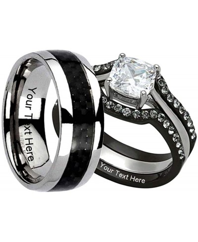 His and Hers Wedding Rings Sets Coupls Ring Bridals Black Stainless Steel Wedding Set for Women and Men Titanium Carbon Fiber...