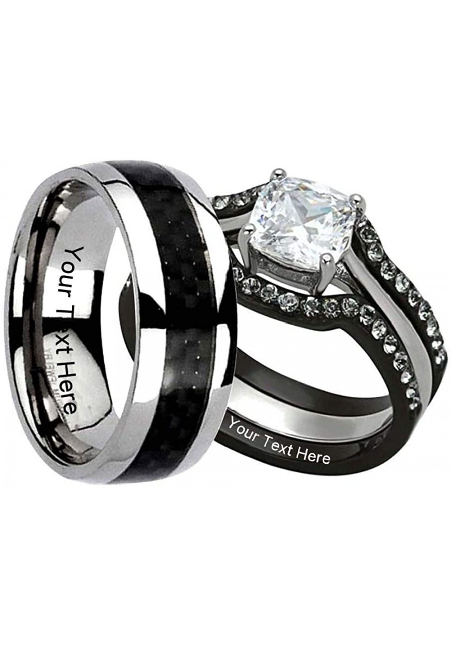 His and Hers Wedding Rings Sets Coupls Ring Bridals Black Stainless Steel Wedding Set for Women and Men Titanium Carbon Fiber...