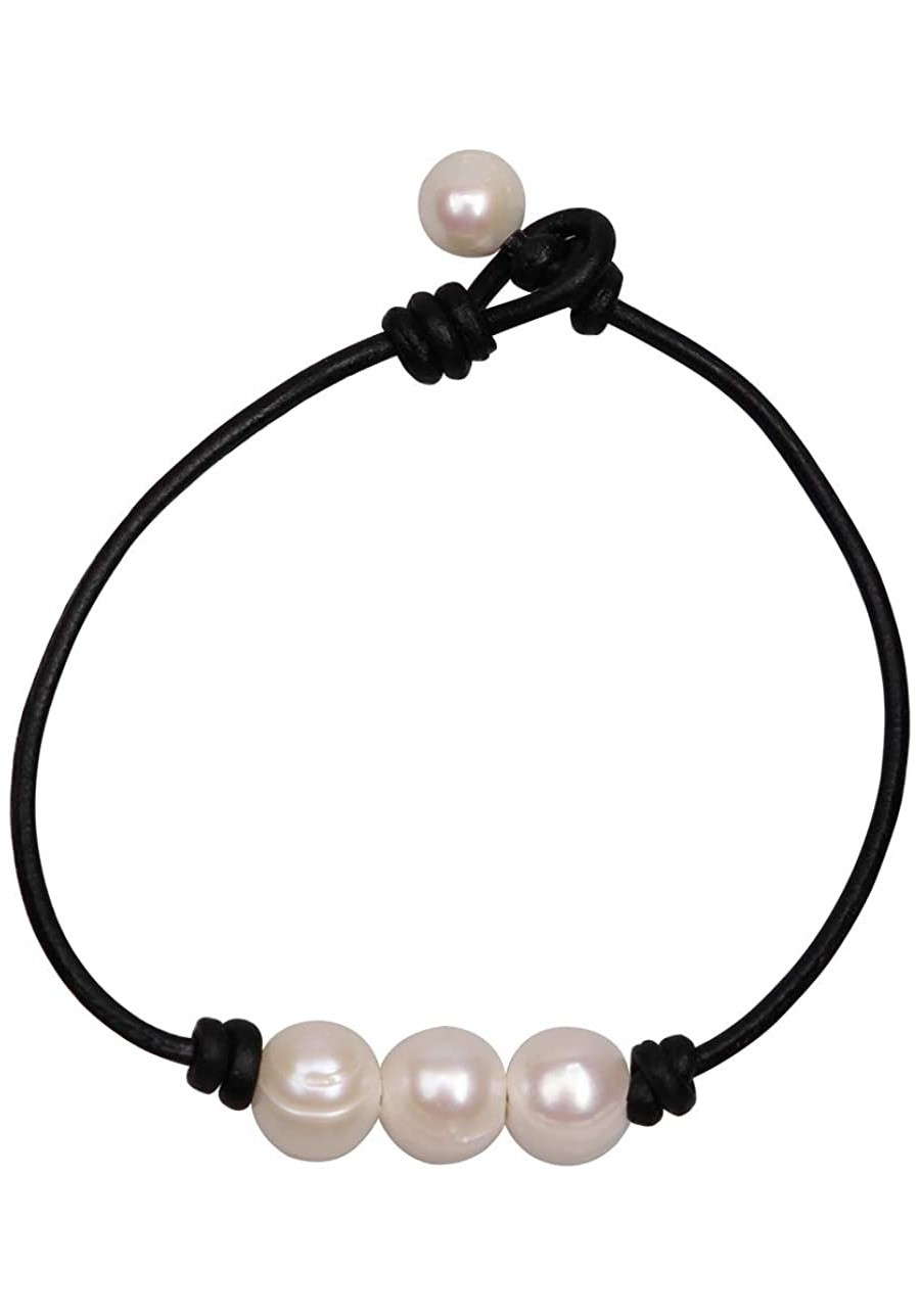 Three Pearl Bracelet for Women Cultured Freshwater Pearls Leather Jewelry Handmade Knot Bangles $14.20 Strand