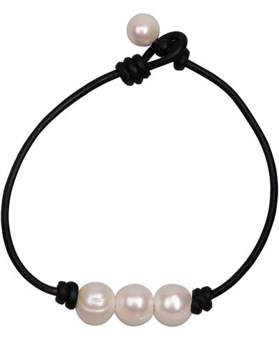 Three Pearl Bracelet for Women Cultured Freshwater Pearls Leather Jewelry Handmade Knot Bangles $14.20 Strand