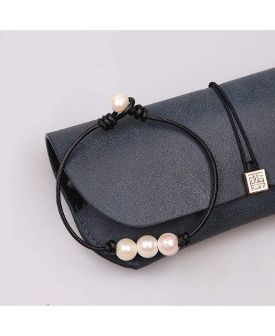 Three Pearl Bracelet for Women Cultured Freshwater Pearls Leather Jewelry Handmade Knot Bangles $14.20 Strand