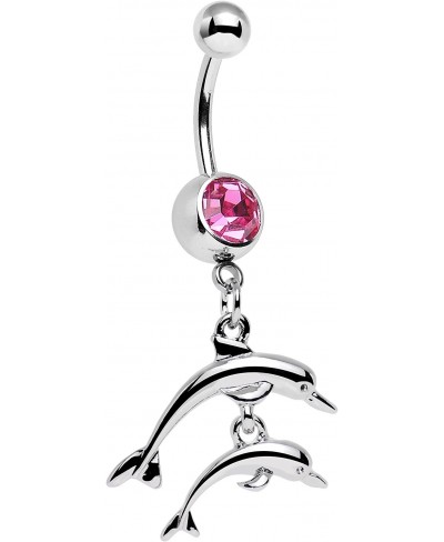 Stainless Steel Pink Accent Diving Duo of Dolphins Dangle Belly Ring $7.71 Piercing Jewelry