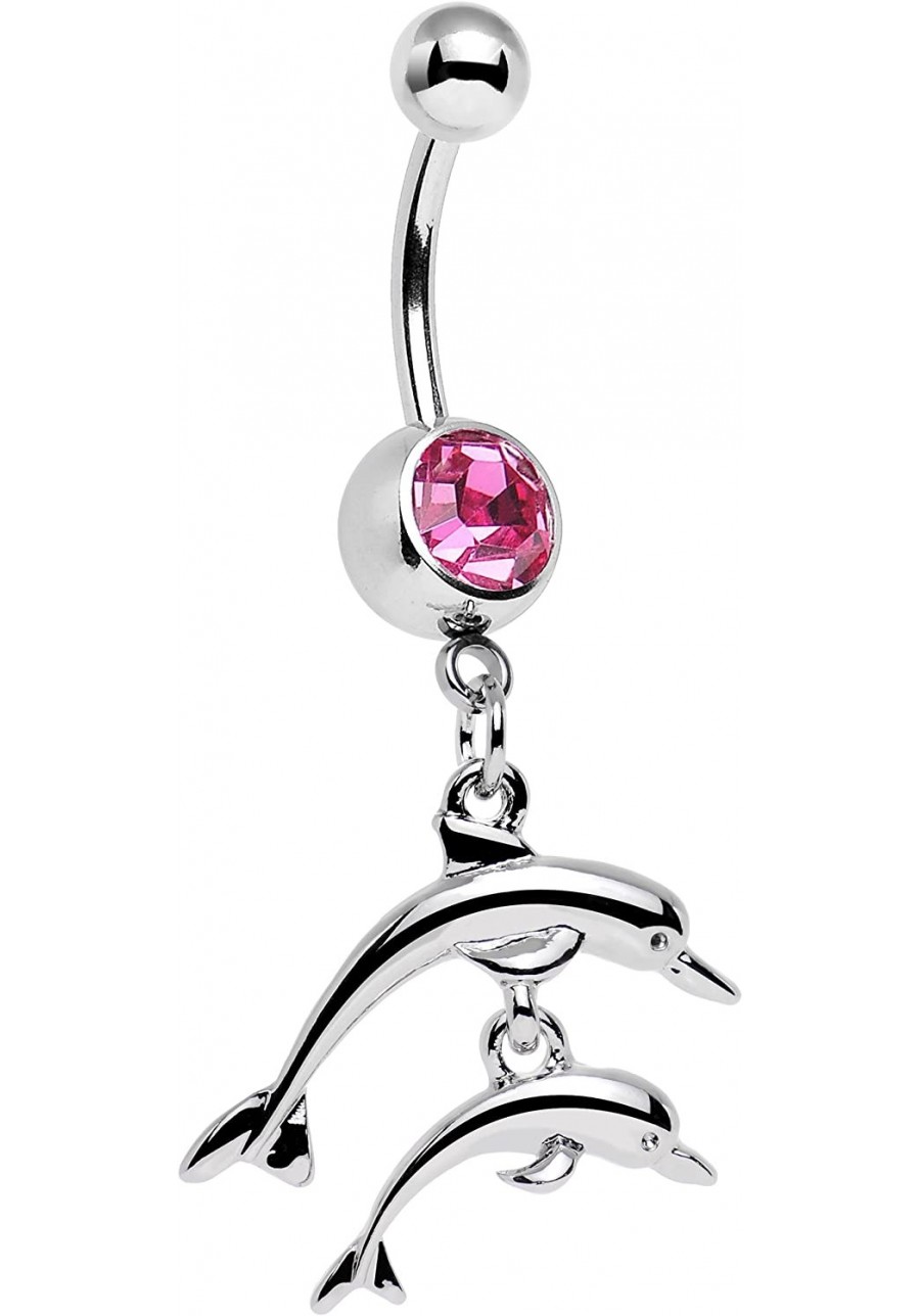 Stainless Steel Pink Accent Diving Duo of Dolphins Dangle Belly Ring $7.71 Piercing Jewelry