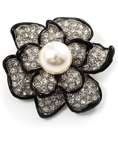 Bridal Synthetic Pearl Crystal Flower Brooch (Black & Silver) $26.79 Brooches & Pins