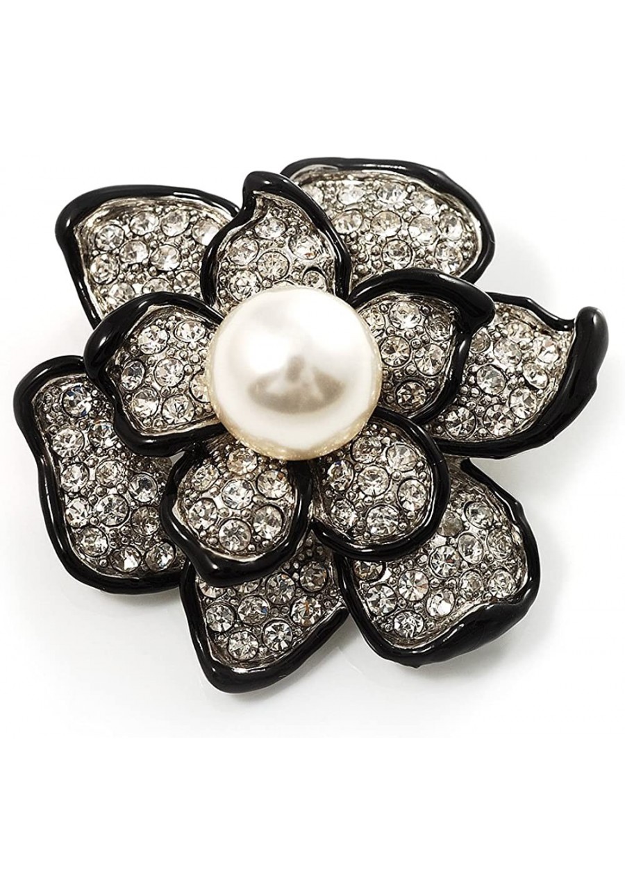 Bridal Synthetic Pearl Crystal Flower Brooch (Black & Silver) $26.79 Brooches & Pins