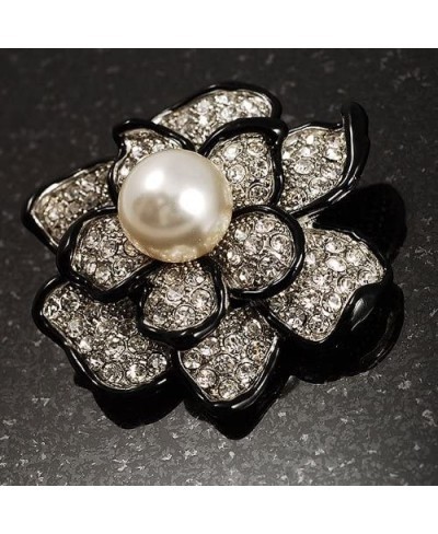 Bridal Synthetic Pearl Crystal Flower Brooch (Black & Silver) $26.79 Brooches & Pins