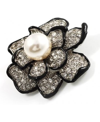 Bridal Synthetic Pearl Crystal Flower Brooch (Black & Silver) $26.79 Brooches & Pins