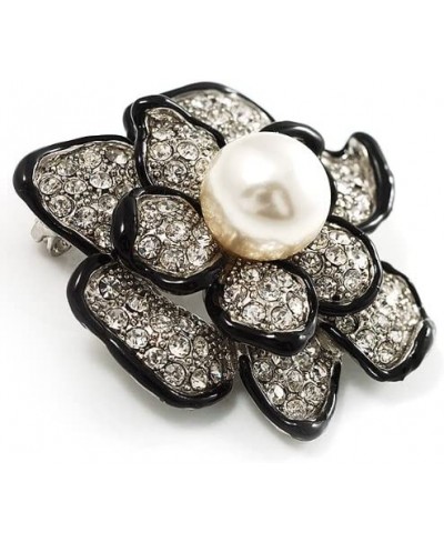 Bridal Synthetic Pearl Crystal Flower Brooch (Black & Silver) $26.79 Brooches & Pins