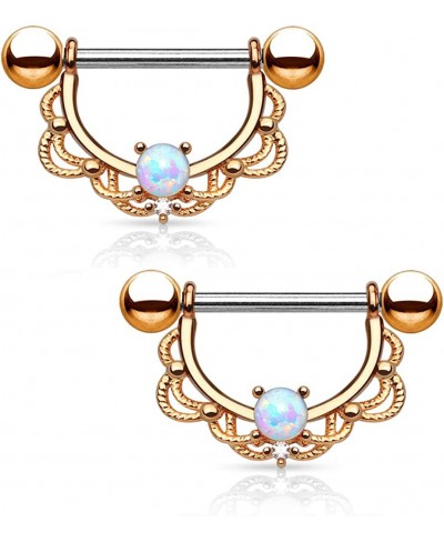 Opal Centered Filigree Drop 316L Surgical Steel Nipple Barbell Ring (Sold as Pair) $17.71 Piercing Jewelry