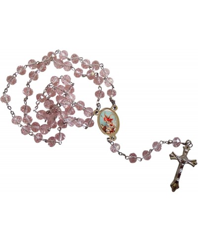 Saint Michael Archangel San Miguel Arcangel Rose Quartz Faceted Rondelle 8mm Beads Rosary with Silver Plated Medal Centerpiec...