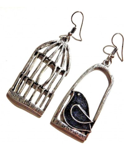 Black Bird & Silvertone Cage Pendant Earrings asymmetric glitter enamel raven crow song bird $11.88 Jewelry Sets