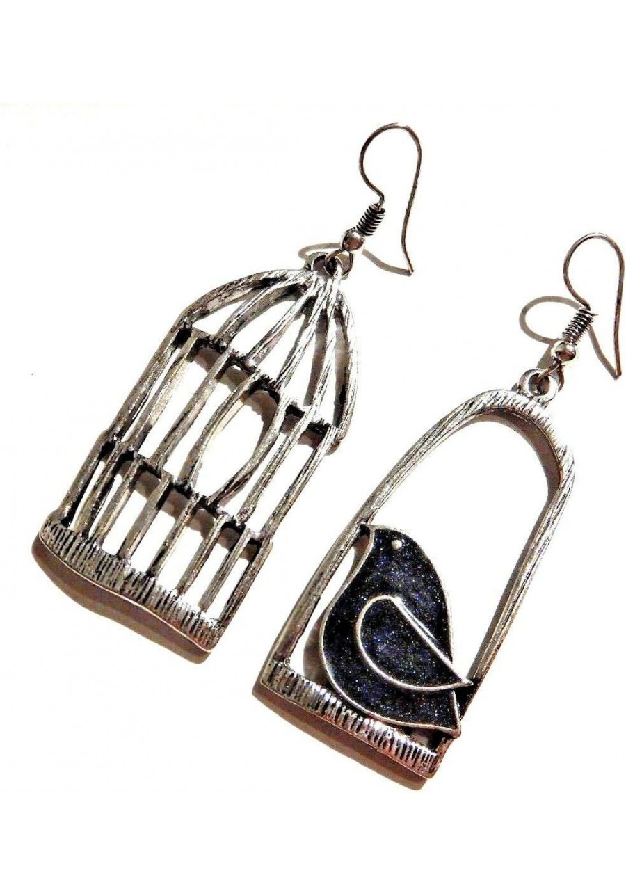 Black Bird & Silvertone Cage Pendant Earrings asymmetric glitter enamel raven crow song bird $11.88 Jewelry Sets